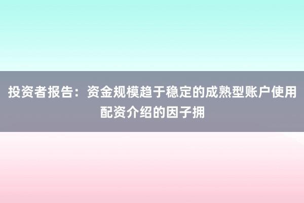 投资者报告：资金规模趋于稳定的成熟型账户使用配资介绍的因子拥